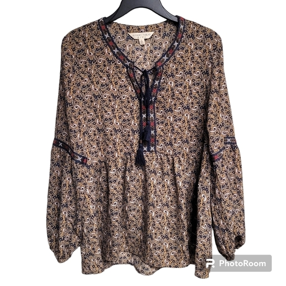 Alchemy Thread Tan And Blue Paisley Boho Babydoll Tassel Tie Peasant Blouse Top - Picture 2 of 10